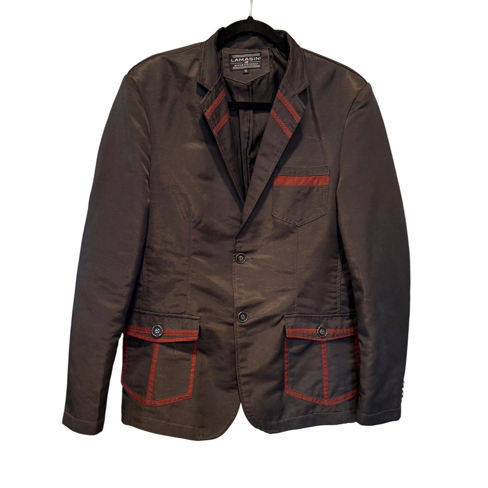 Lamasini Mens Steampunk Blazer Jacket Red Trim Size M Dark Gray Sport Coat